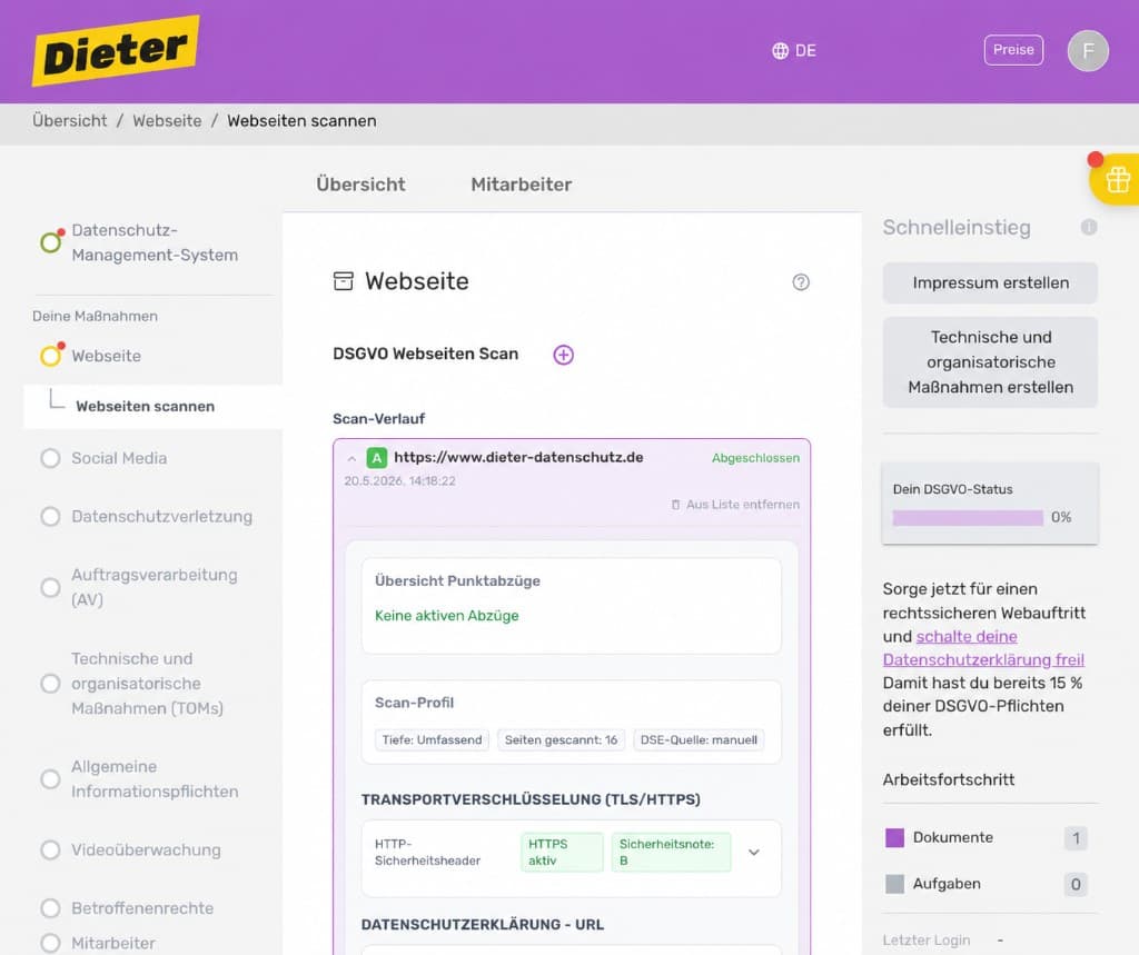 Dieter Dashboard: Scan-Verlauf und Befunde auf einen Blick