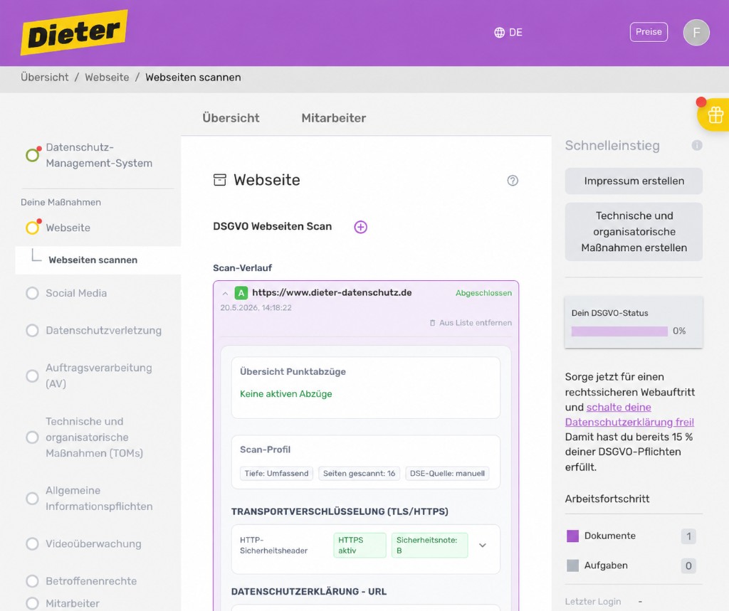 Dieter dashboard: scan history and findings at a glance